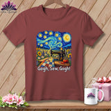 T-shirt with a starry night sewing scene and text 