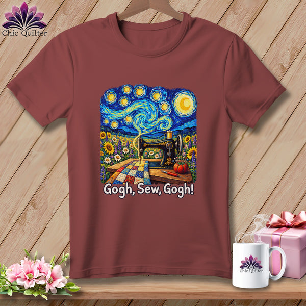 T-shirt with a starry night sewing scene and text "Gogh, Sew, Gogh!".