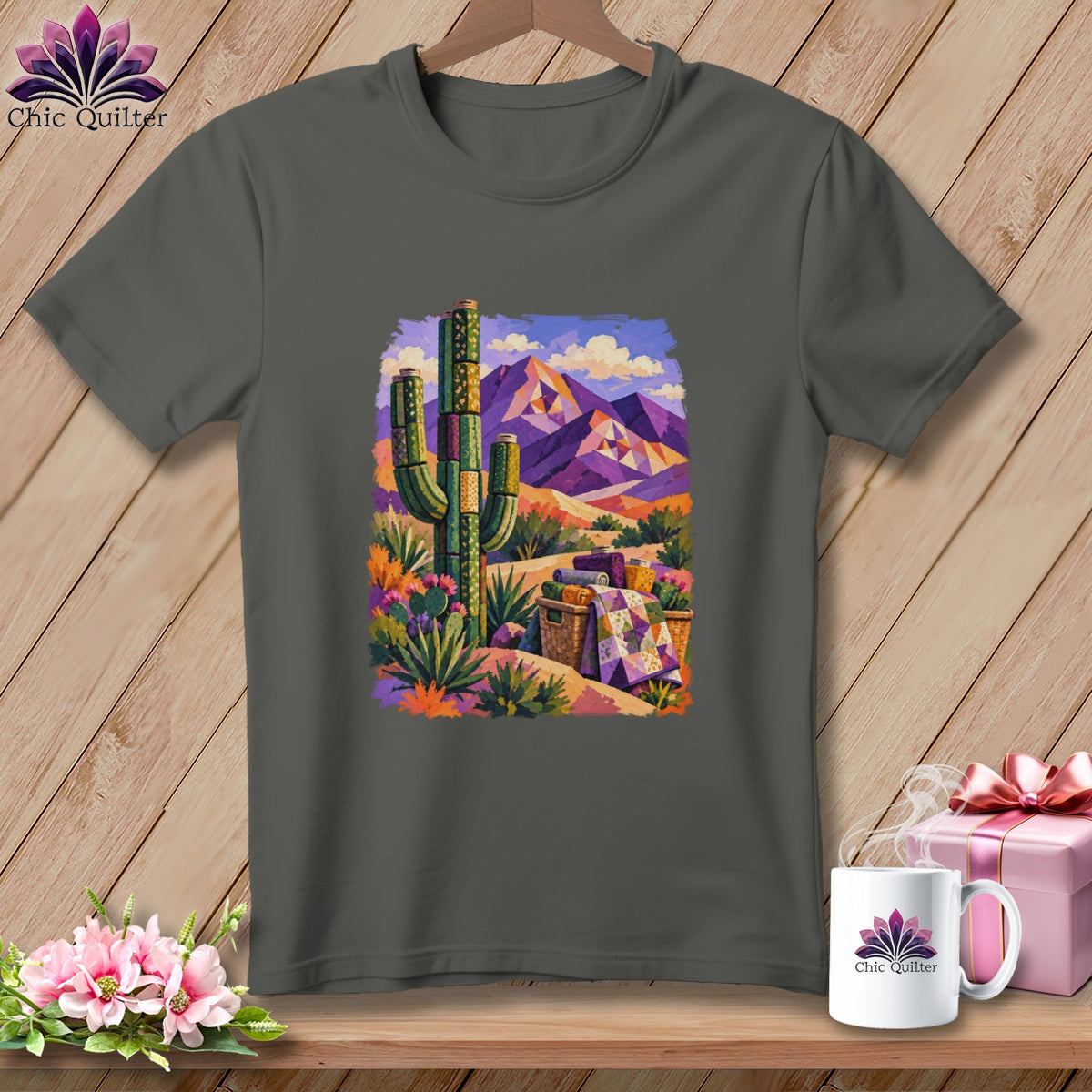 Charcoal gray crewneck t-shirt with a colorful painted graphic of a desert landscape featuring purple mountains and a saguaro cactus.