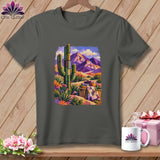 Charcoal gray crewneck t-shirt with a colorful painted graphic of a desert landscape featuring purple mountains and a saguaro cactus.