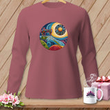 Long-sleeve shirt with circular sewing machine and sun graphic.