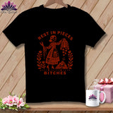 Black t-shirt with red graphic of woman holding scissors and fabric, text reads 