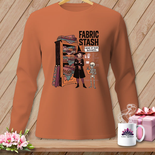 Graphic of witch and skeleton with text "Fabric Stash, None of Your Business."