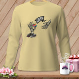 Long-sleeve shirt with skeleton hands reaching for a heart and the word 
