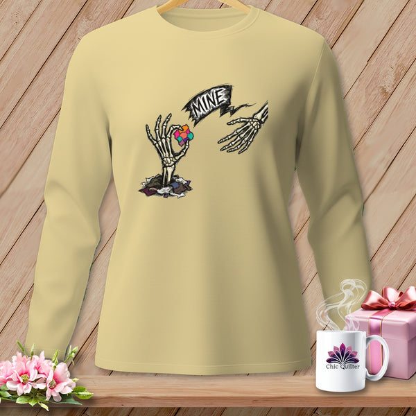Long-sleeve shirt with skeleton hands reaching for a heart and the word "MINE."