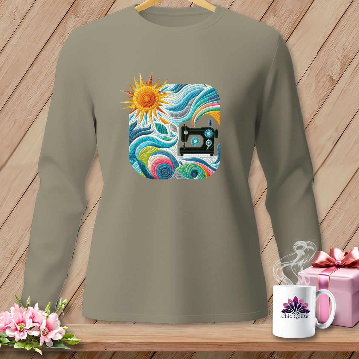 Long sleeve shirt with colorful sewing machine, sun, and wave design.