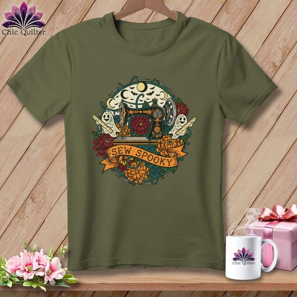 Green t-shirt with "SEW SPOOKY" text and a Halloween-themed sewing machine graphic.