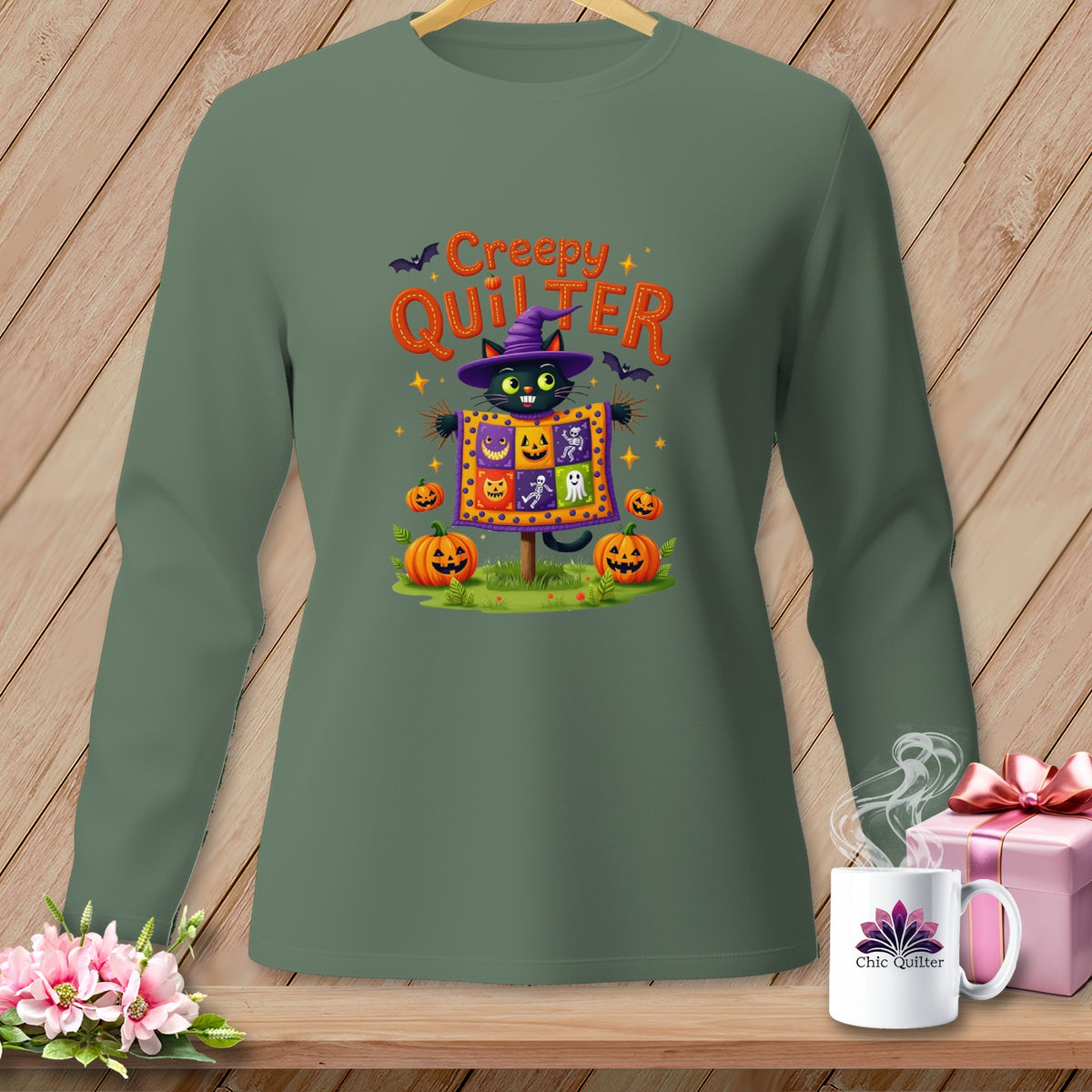 Green long sleeve shirt with "Creepy Quilter" Halloween design featuring a cat and pumpkins.