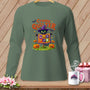 Green long sleeve shirt with "Creepy Quilter" Halloween design featuring a cat and pumpkins.