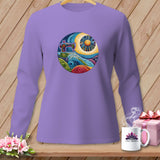 Lavender long-sleeve shirt with circular sewing machine and sun graphic.