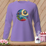 Lavender long-sleeve shirt with circular sewing machine and sun graphic.