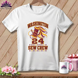 White crewneck t-shirt with a Washington Sew Crew graphic including a spool of thread and the number 24.