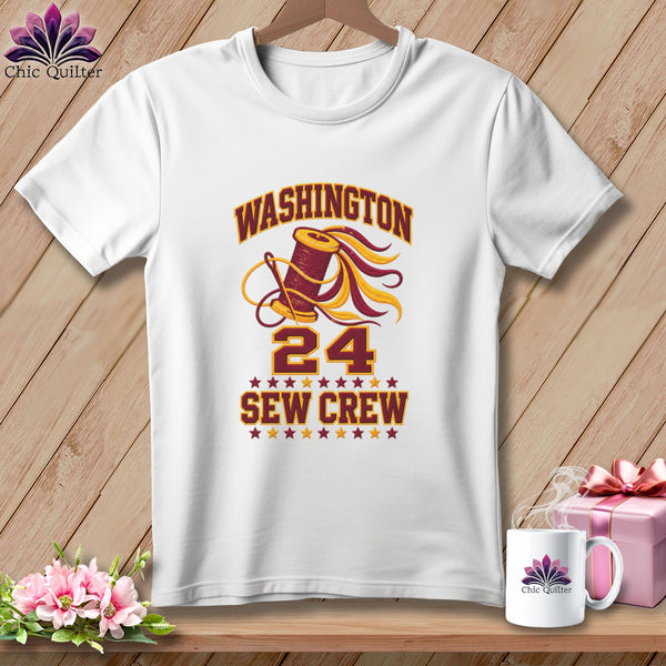 White crewneck t-shirt with a Washington Sew Crew graphic including a spool of thread and the number 24.