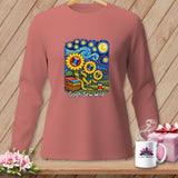 Long sleeve shirt with sunflowers, sewing supplies, and 