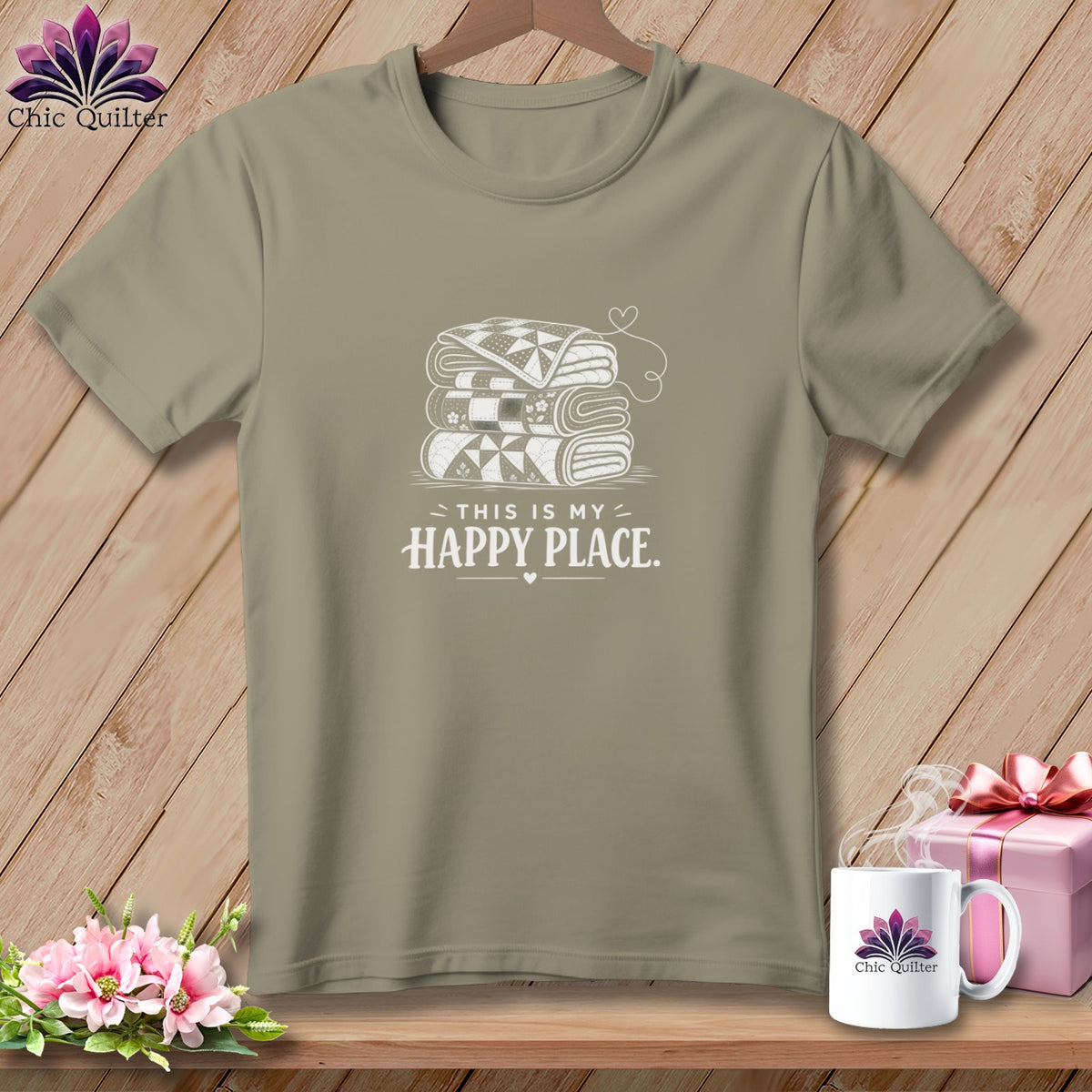 T-shirt with stacked quilts and text "This is my happy place."