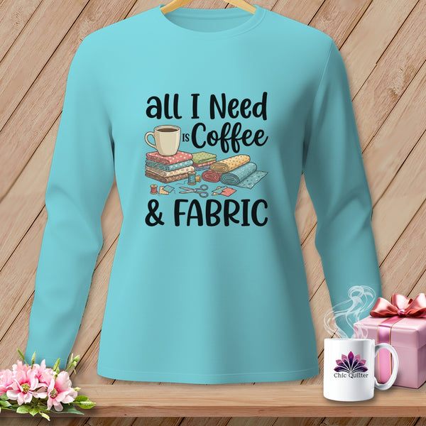Turquoise long-sleeved shirt with "all I need is Coffee & FABRIC" text and sewing illustrations.