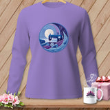 Purple long-sleeve shirt with a circular sewing machine and yarn graphic.