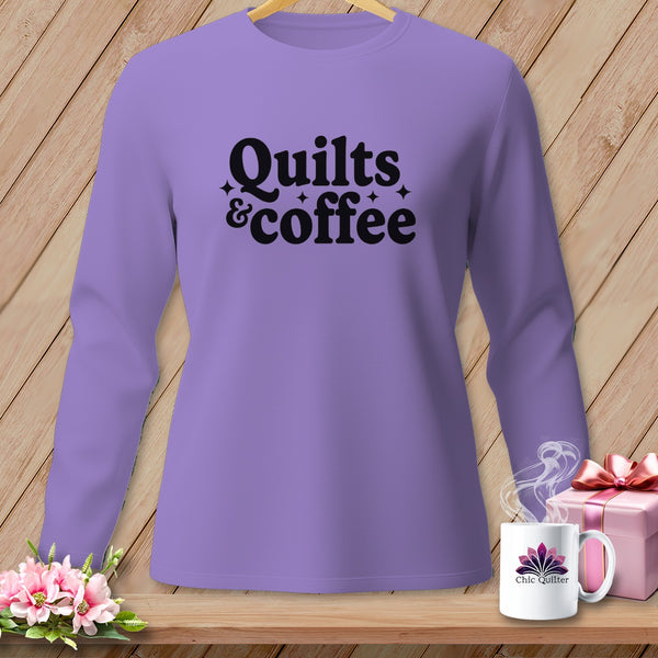 Lavender long sleeve shirt with "Quilts & coffee" text and stars graphic.
