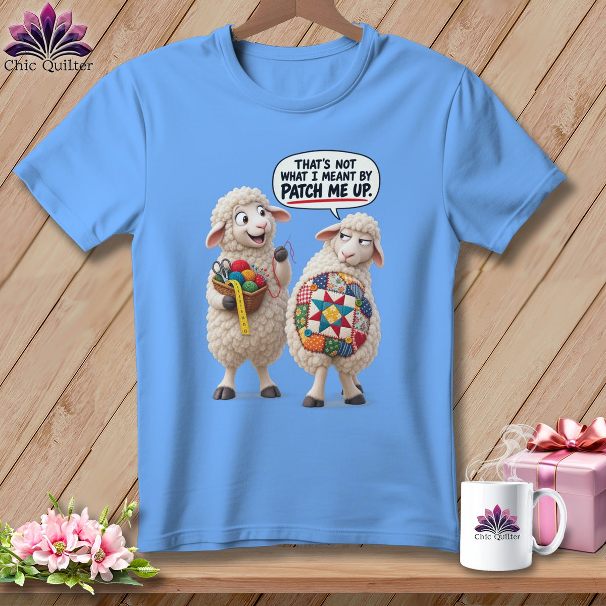 Two sheep, one with quilting supplies, the other with a quilt patch, text says "Patch me up."