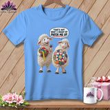 Two sheep, one with quilting supplies, the other with a quilt patch, text says 