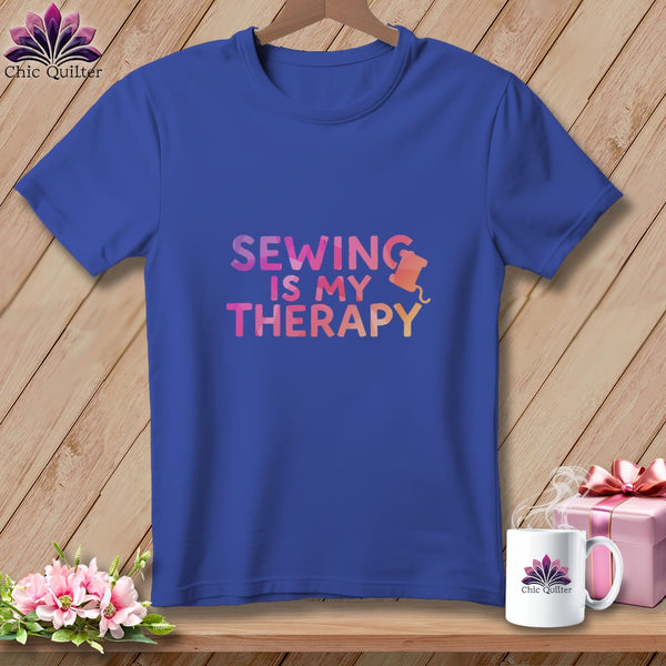 Blue t-shirt with "Sewing Is My Therapy" text and sewing machine graphic.