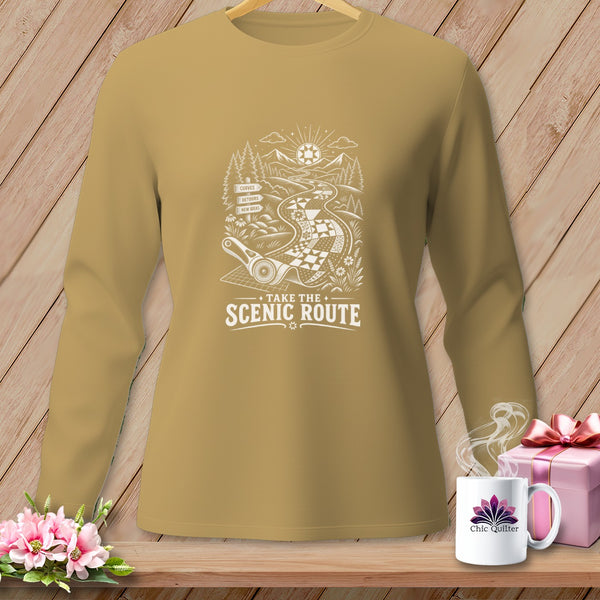 Long sleeve tan shirt with "Take the Scenic Route" design and quilt road.
