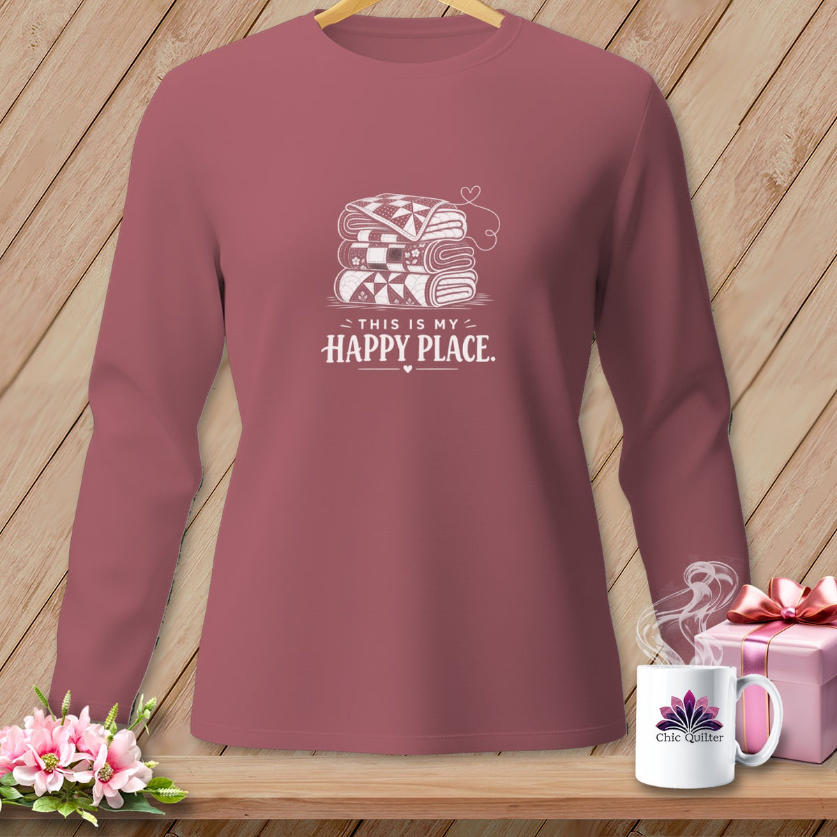 Long sleeve shirt with stacked quilts graphic and text "THIS IS MY HAPPY PLACE".