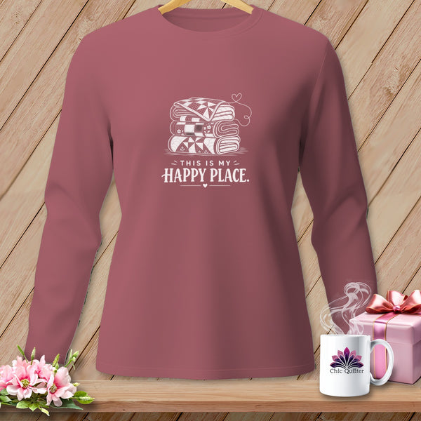 Long sleeve shirt with stacked quilts graphic and text "THIS IS MY HAPPY PLACE".