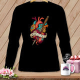 Black long-sleeve shirt with anatomical heart and dagger design reading 