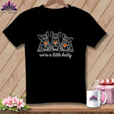 Black t-shirt with three bats holding wine glasses, text 