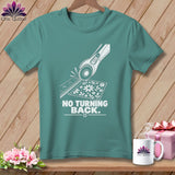 Teal t-shirt with white graphic of rotary cutter, ruler, fabric, and text 