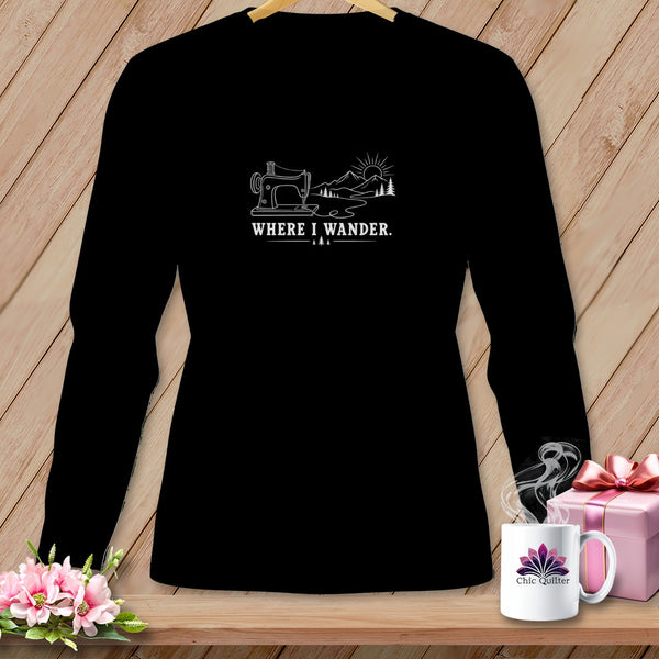 Black long-sleeved shirt with "WHERE I WANDER." and sewing machine graphic.