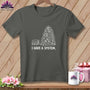 Dark grey t-shirt with white graphic of stacked fabric and scraps, reads "I HAVE A SYSTEM."