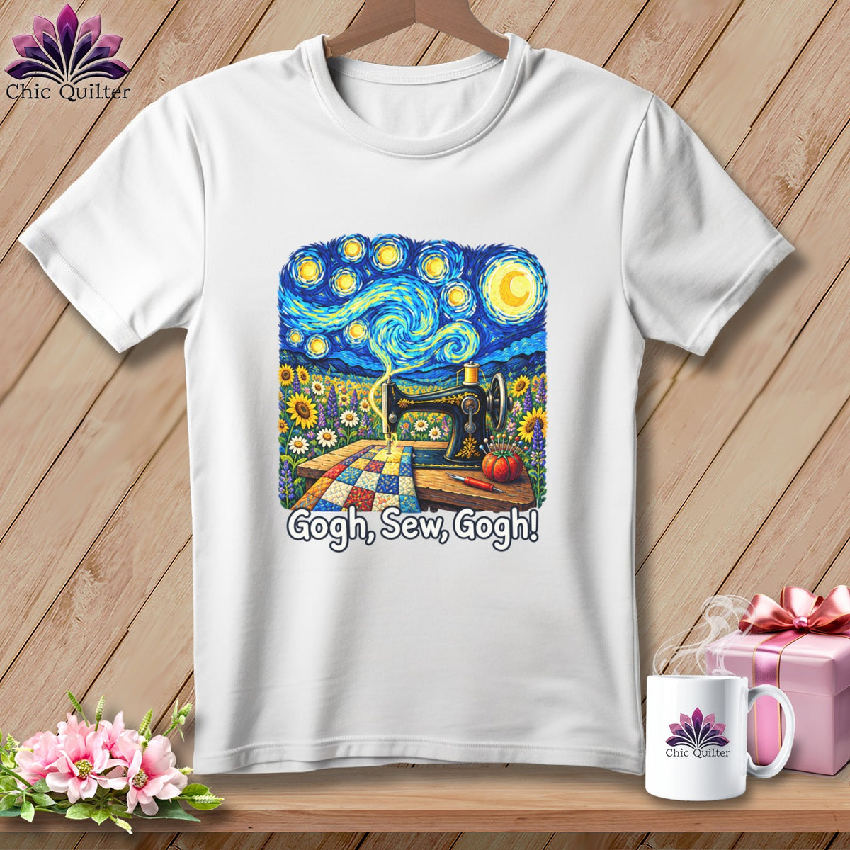 White t-shirt with Van Gogh-style art featuring a sewing machine and "Gogh, Sew, Gogh!" text.