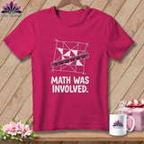 Pink t-shirt with a quilt pattern, ruler, and text 