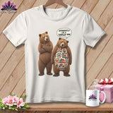 White t-shirt with two bears, one with a quilt pattern on its chest.