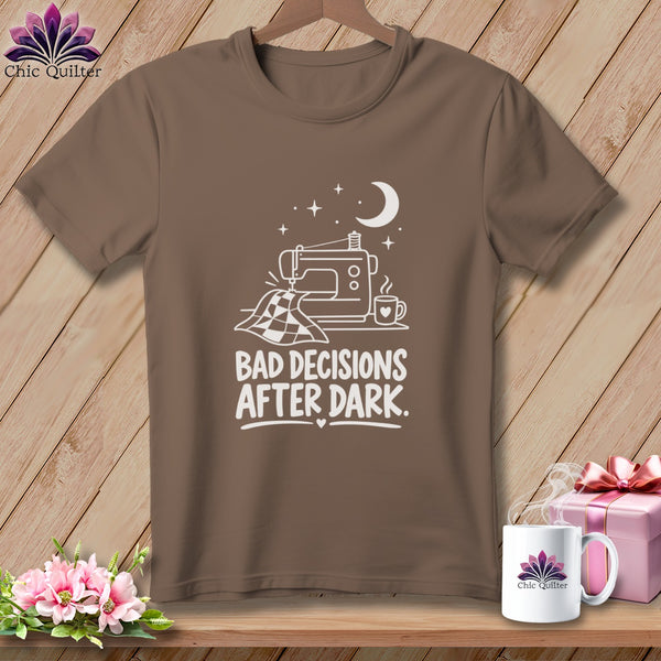 Brown t-shirt with white graphic of a sewing machine, quilt, coffee, moon and stars, and text.