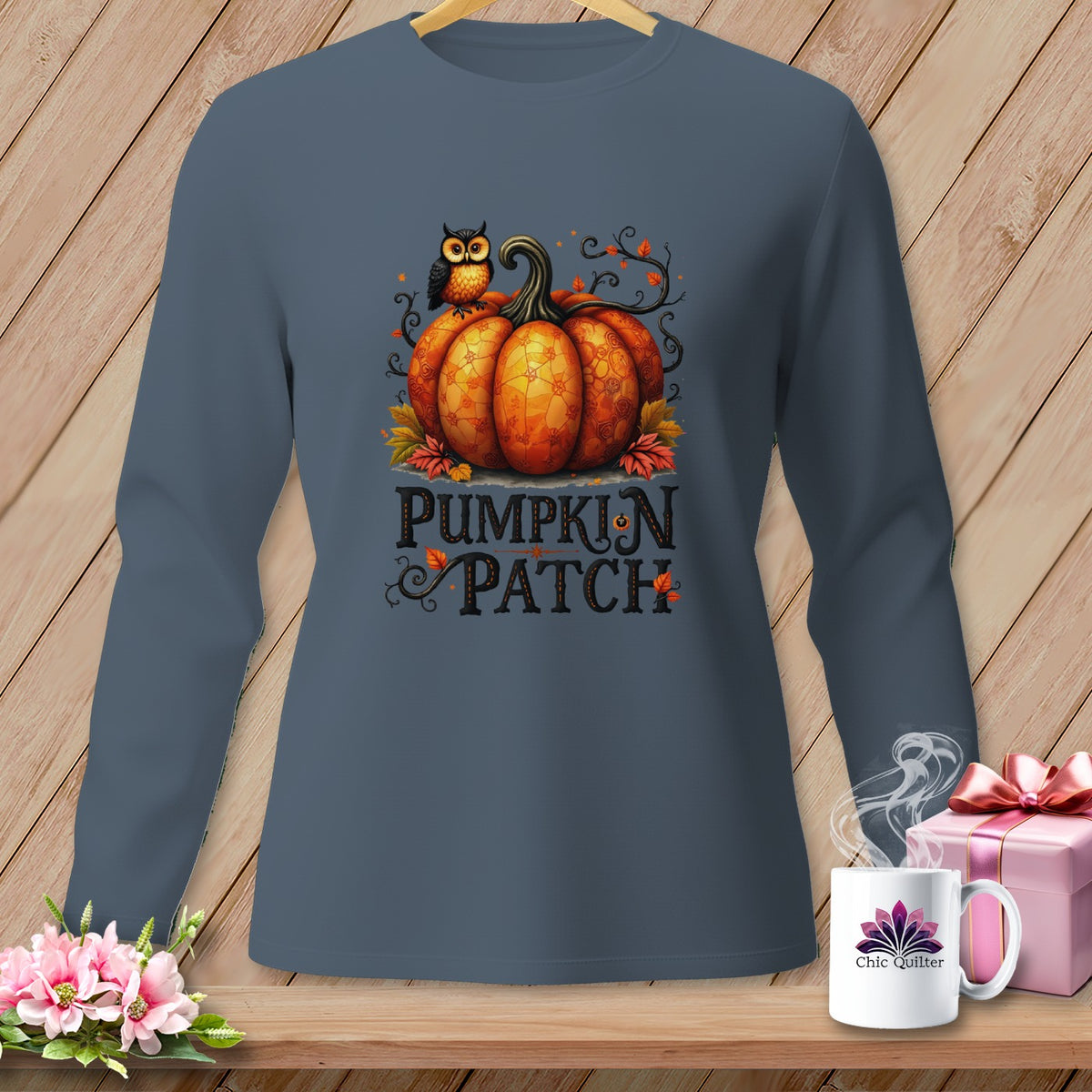 Long sleeve shirt with "Pumpkin Patch" graphic and an owl on a pumpkin.