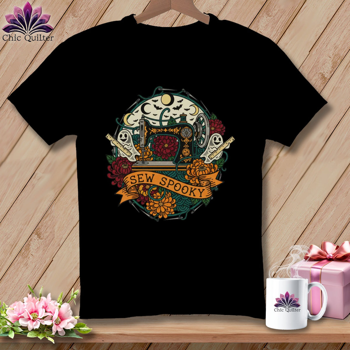 Black t-shirt with "Sew Spooky" Halloween sewing machine graphic and ghost.