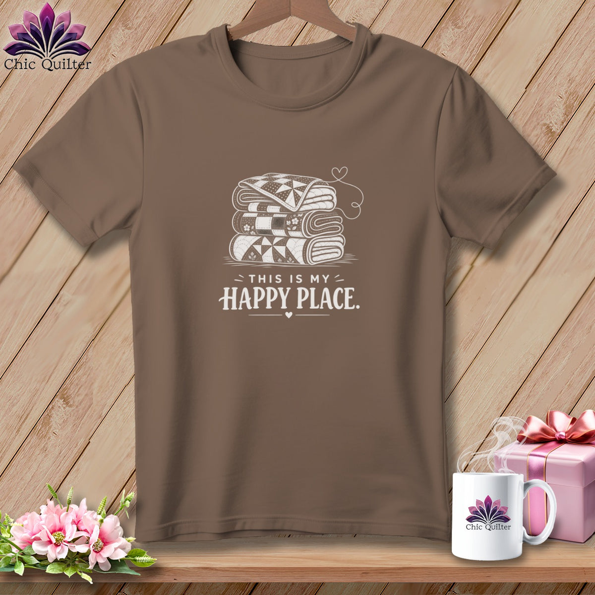 Brown t-shirt with stacked quilts graphic and "This is my happy place" text.