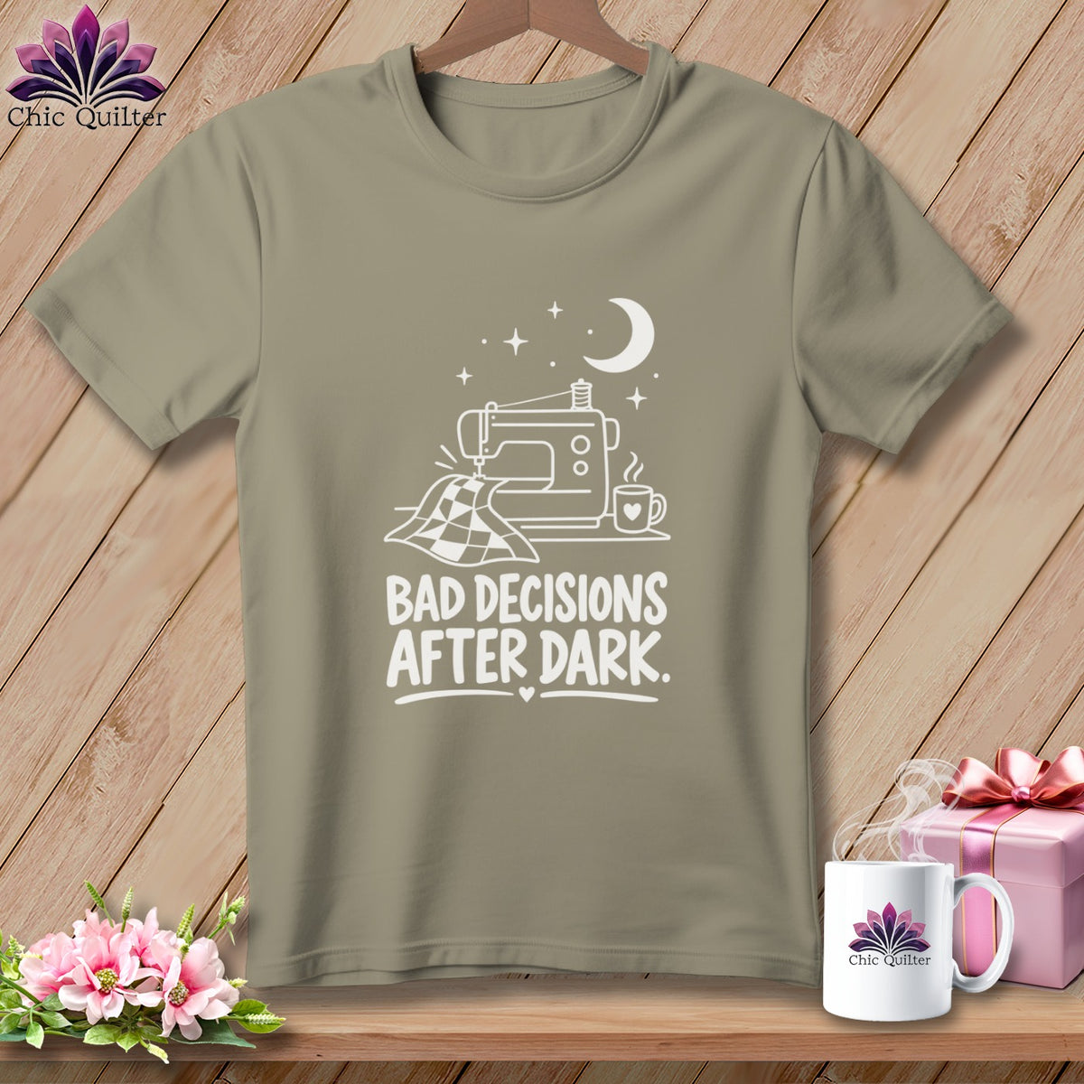 Sewing machine, checkered fabric, moon, stars, mug, and text "Bad Decisions After Dark."