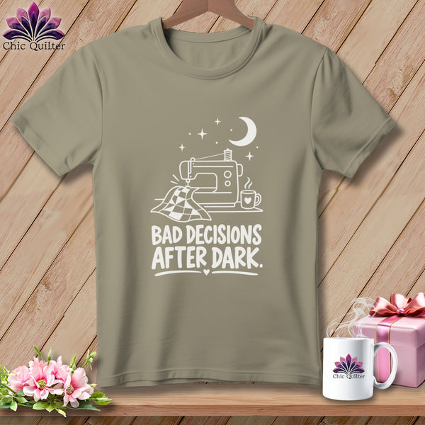 Sewing machine, checkered fabric, moon, stars, mug, and text "Bad Decisions After Dark."