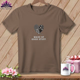 Brown t-shirt with a patchwork heart graphic and the text 