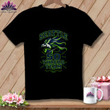 Black t-shirt featuring a green and blue Seattle 50 Thread Team graphic with an eagle and spool of thread.