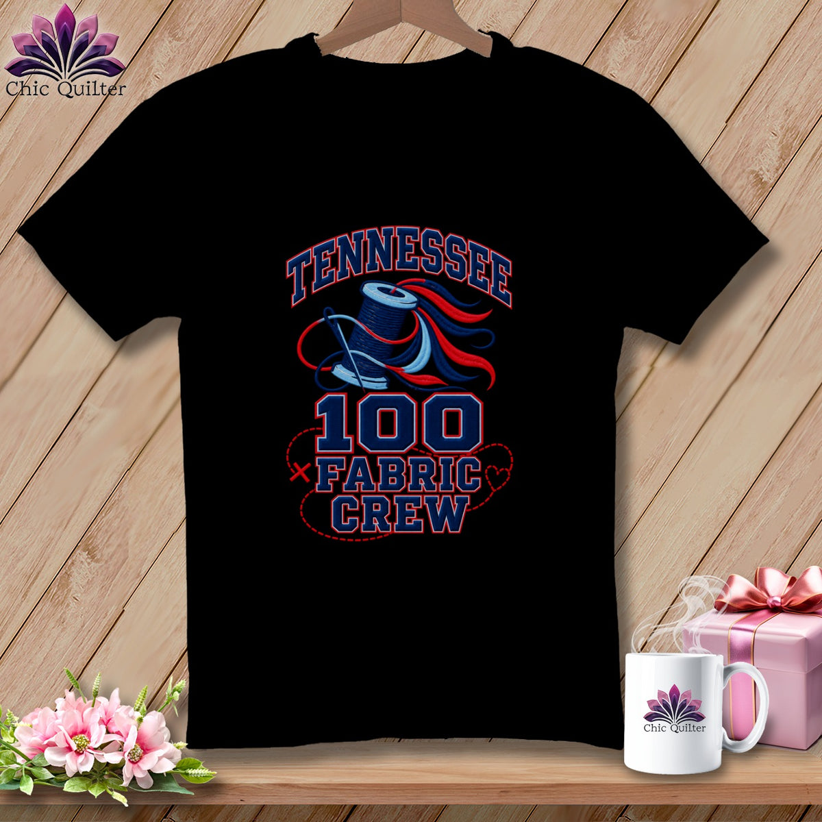 Black t-shirt featuring a red, white, and blue graphic that reads TENNESSEE 100 FABRIC CREW.