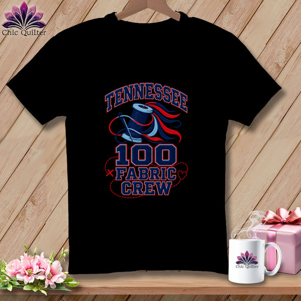 Black t-shirt featuring a red, white, and blue graphic that reads TENNESSEE 100 FABRIC CREW.