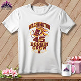 White t-shirt featuring a maroon and gold Washington Bobbin Crew graphic with a spool and needle.