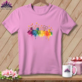 Pink t-shirt with watercolor sewing supplies graphic and 