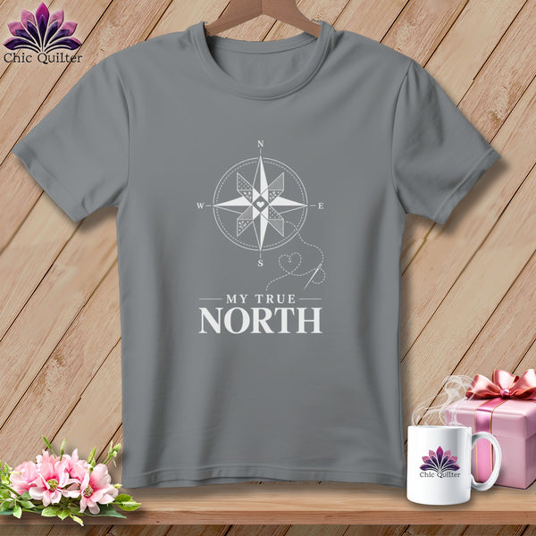 Grey t-shirt with a white compass design and text "MY TRUE NORTH."