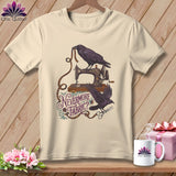 Cream t-shirt with two crows, antique sewing machine, measuring tape, and 
